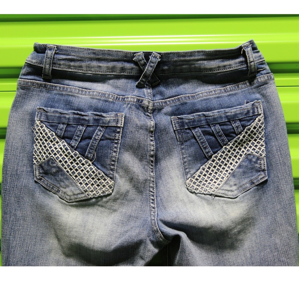 Flamingals Womens Straight Leg Jeans Blue Medium Wash Lattice Back Pocket Size S